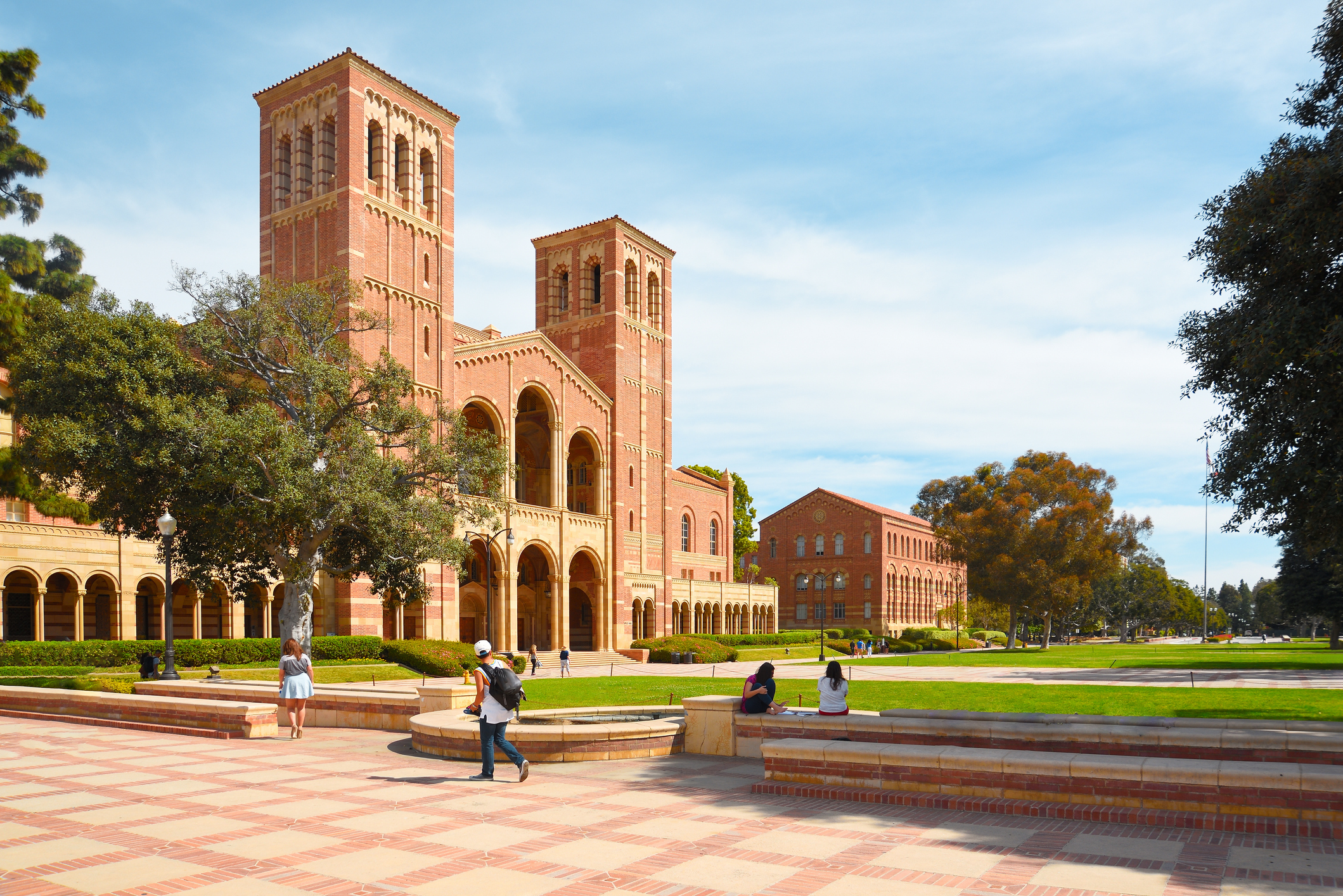 A view of the façades of Royce Hall and Haines Hall at University of California Los Angeles (UCLA) campus.