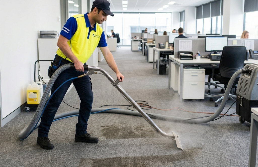 Professional cleaner cleaning an office space