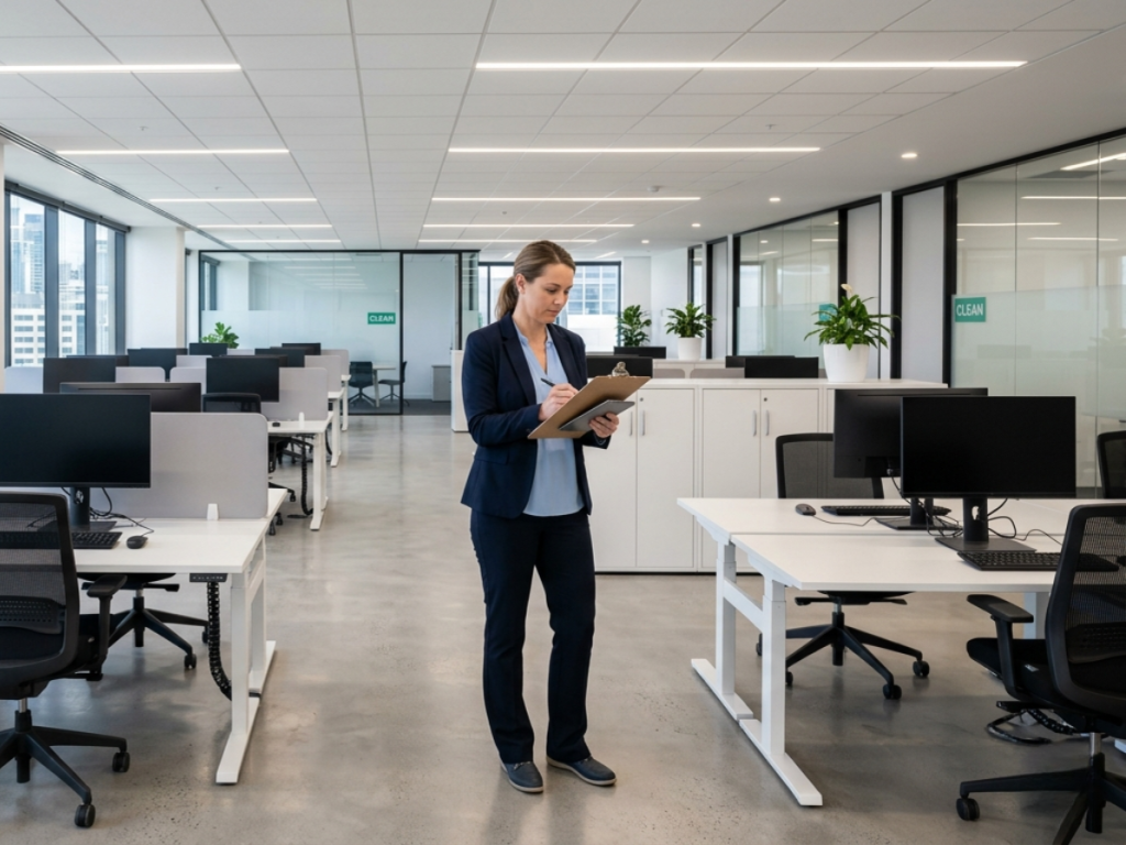 A facility manager reviewing a commercial cleaning checklist