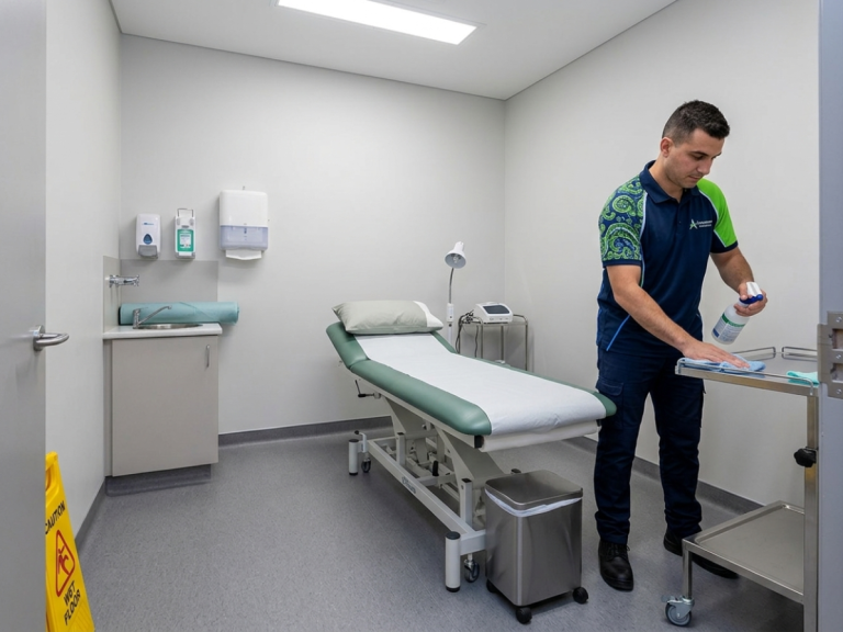 Cleaning a small clinic procedure room, 1 single bed