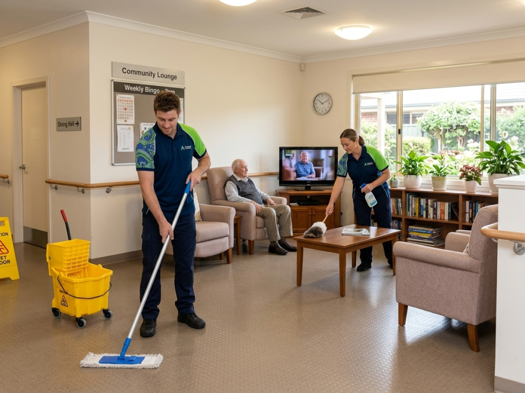 Cleaning an aged care home lounge