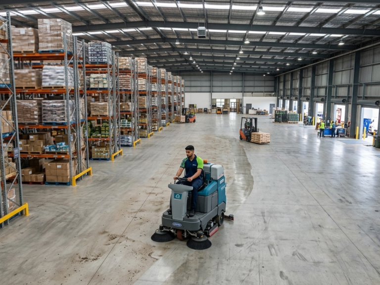 Cleaner on a ride-on industrial floor scrubber