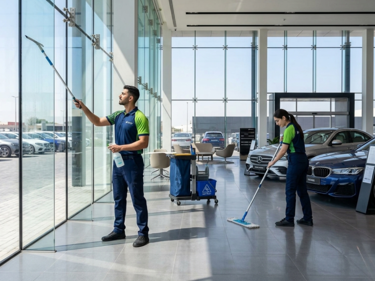 Professional cleaning of a car dealership