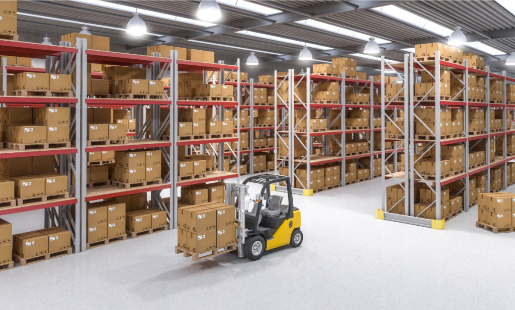 Warehouse view with boxes and forklift