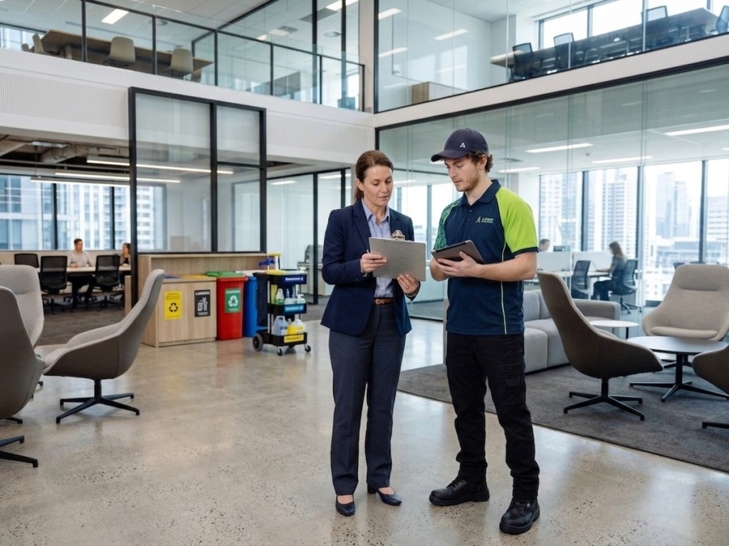 Facility manager reviewing documents with a commercial cleaning partner
