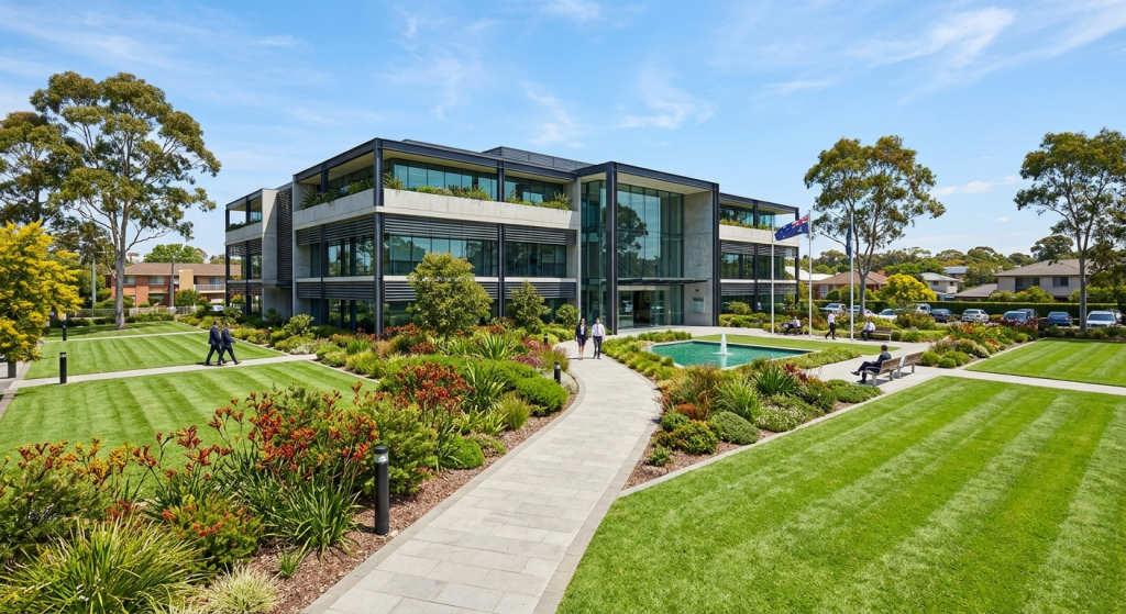 Commercial building with well maintained grounds