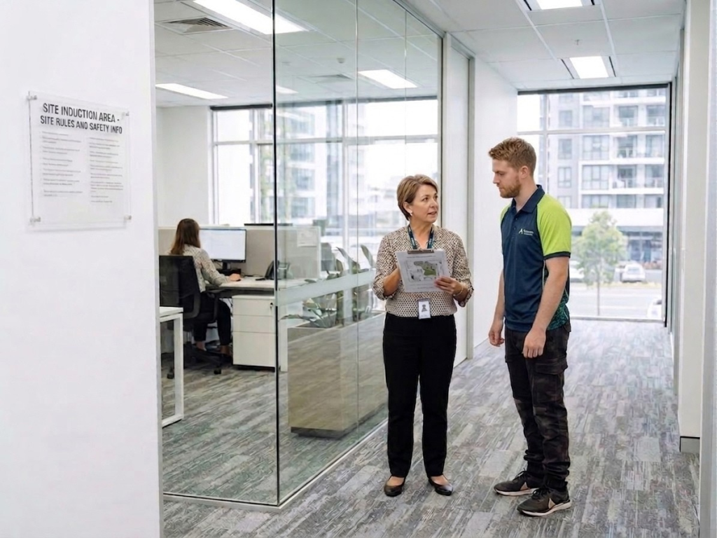 New cleaner receiving a site induction from a supervisor in a commercial building.