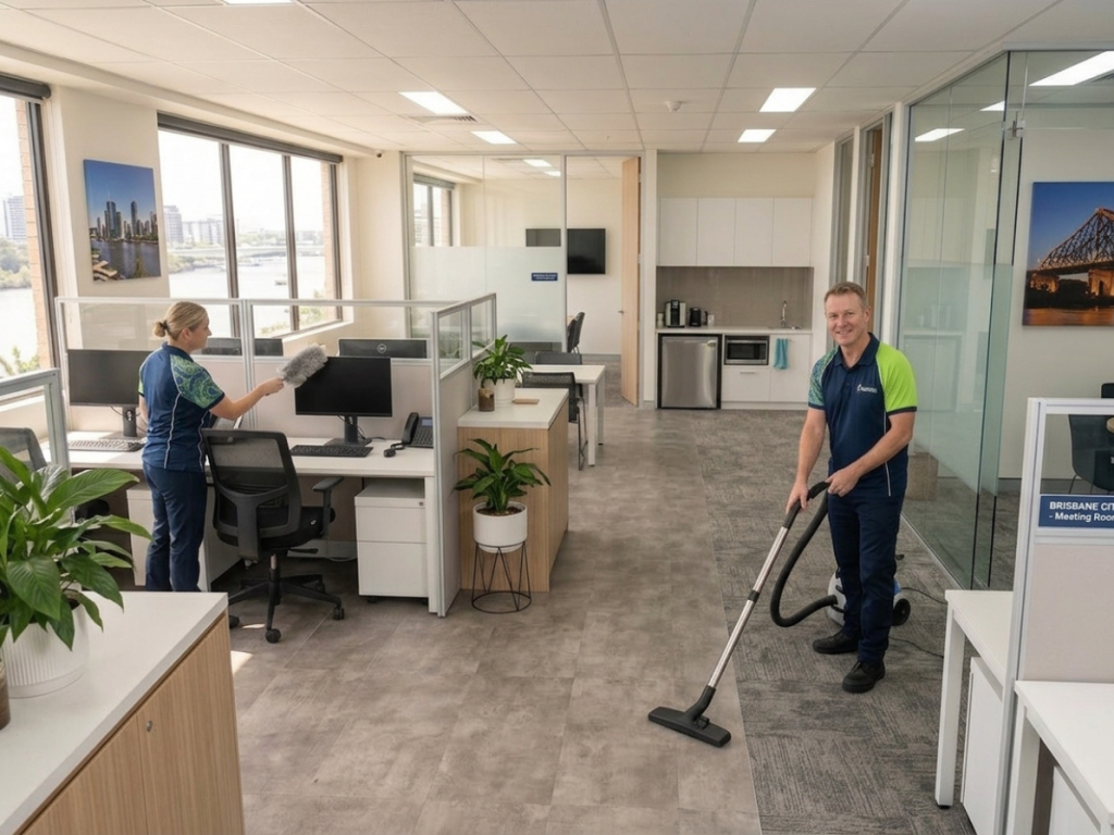 Professional commercial cleaners working inside a Brisbane office
