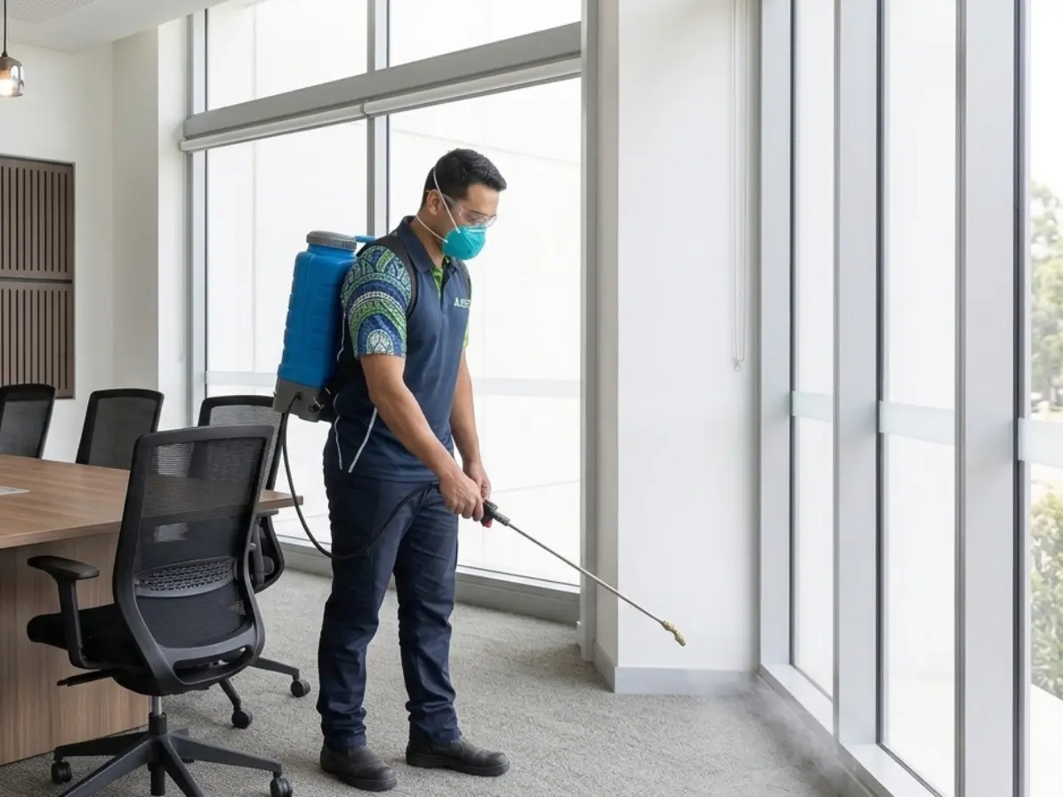 Pest control technician inspecting a commercial property